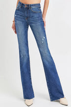 Risen Women's Distressed Mid Rise Flare Plus Jeans