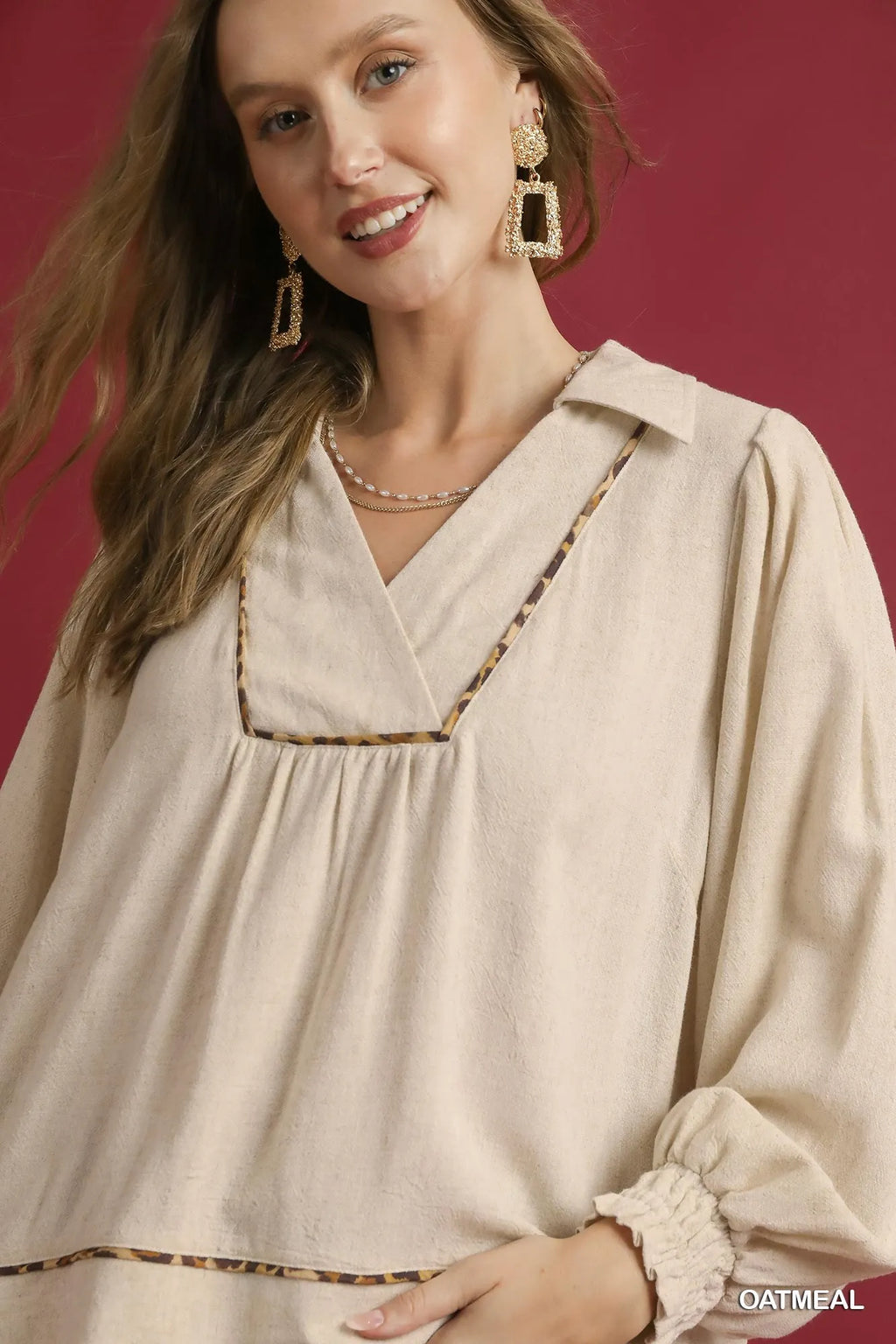 Linen Scallop Hem Blouse Contrast Trim Women’s Chic Casual Plus Top