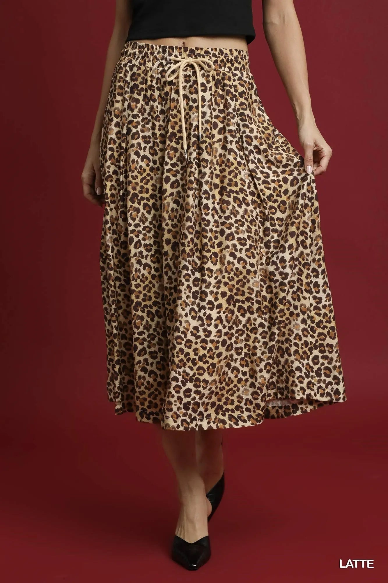 Leopard Print Midi Skirt – A-Line Silhouette with Drawstring Waist