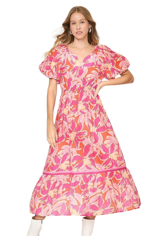 Umgee Floral Notched Puff Sleeve Midi Dress