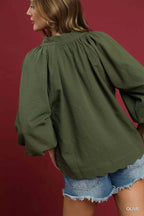 Textured Notched Balloon Sleeve Blouse Plus Size Women’s Top