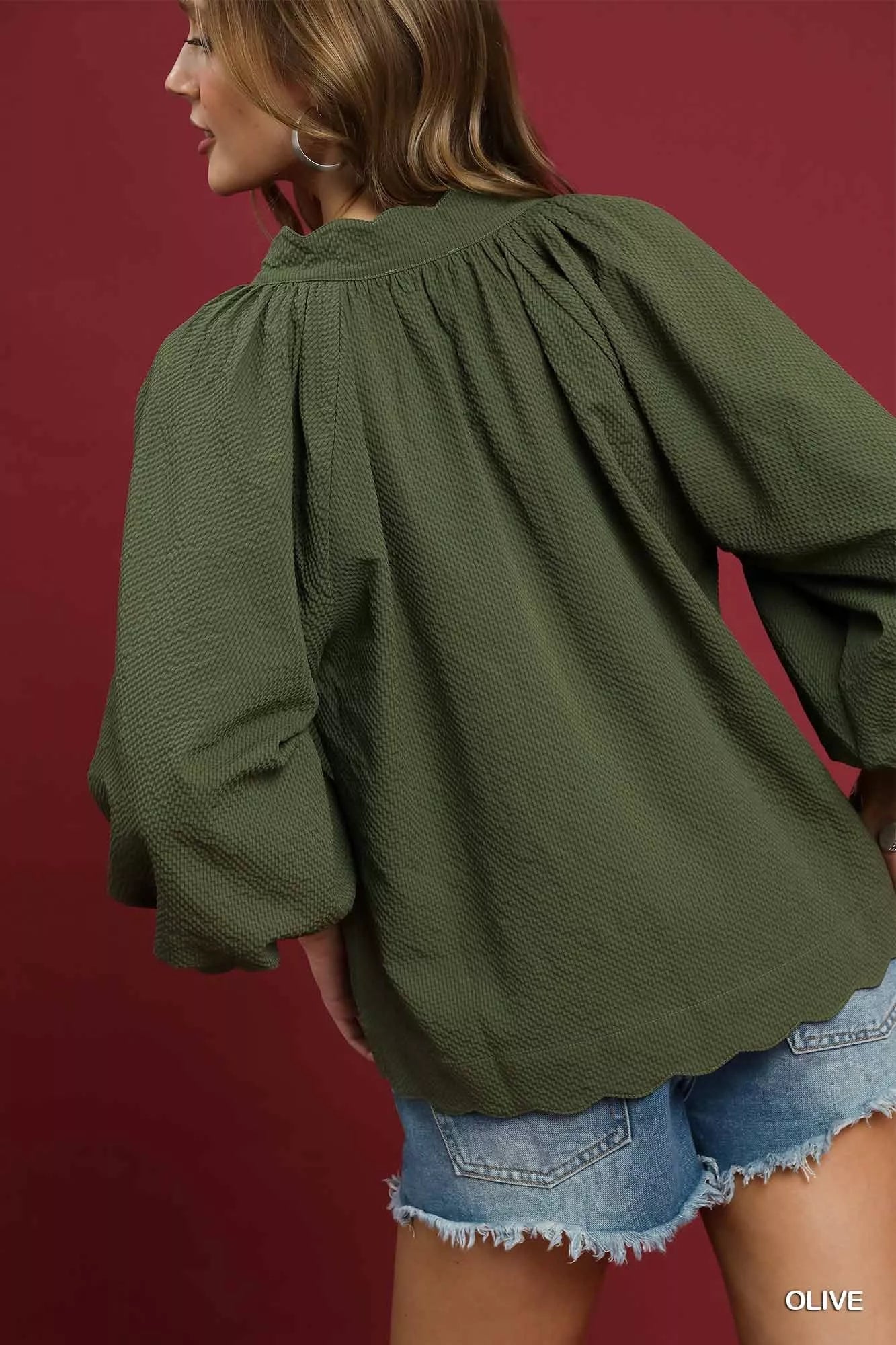 Textured Notched Balloon Sleeve Blouse Plus Size Women’s Top