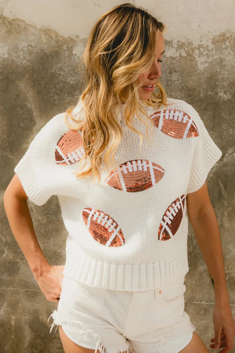Football Print Pullover Sweater – Sporty Chic Short Sleeve Knit