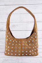 Brown studded shoulder bag with top handles and silver grommet accents