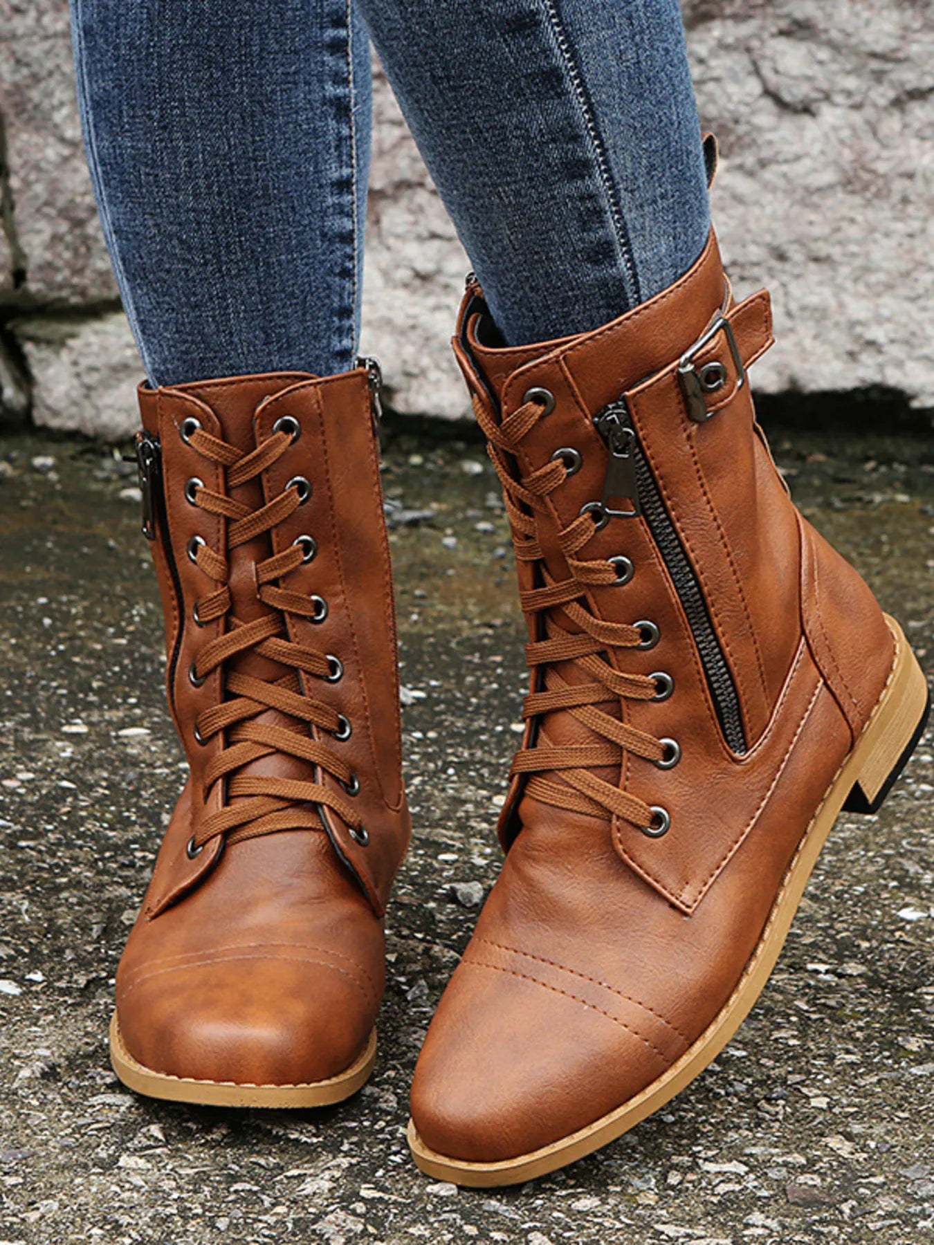 Lace-Up Boots with Side Zipper – Stylish Comfortable Ankle Boots