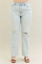 Judy Blue Women's High Waist Destroyed Bootcut Jeans with Frayed Hem Stretch Denim.