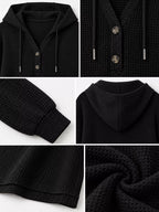 Black waffle-knit button hoodie with hood and drawstring, front button placket
