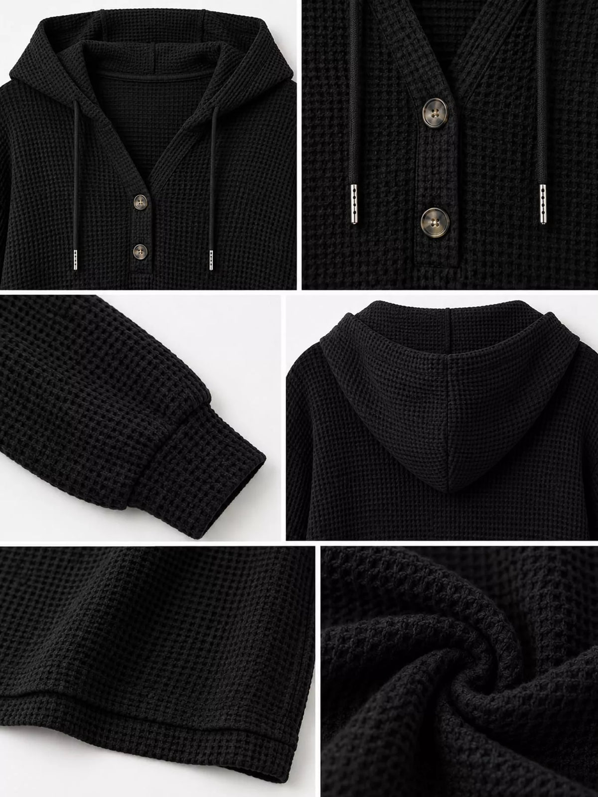 Black waffle-knit button hoodie with hood and drawstring, front button placket