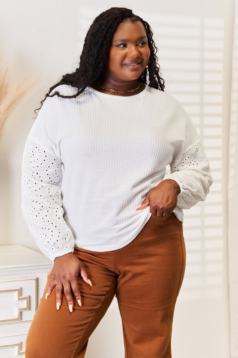 Eyelet Round Neck Blouse – Dropped Shoulders & Feminine Detailing