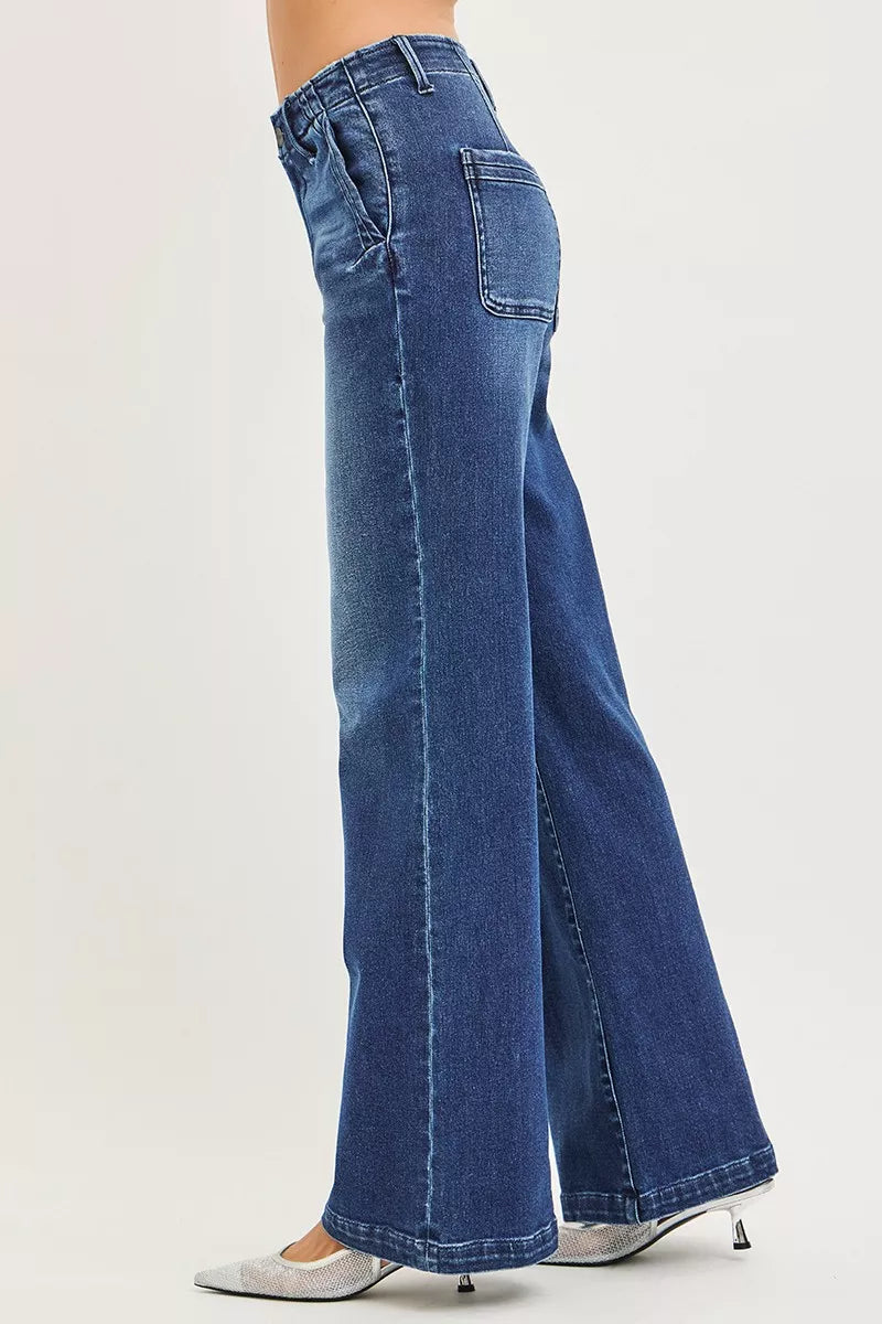 Women’s high-rise wide-leg dark blue jeans with back yoke and flared leg opening