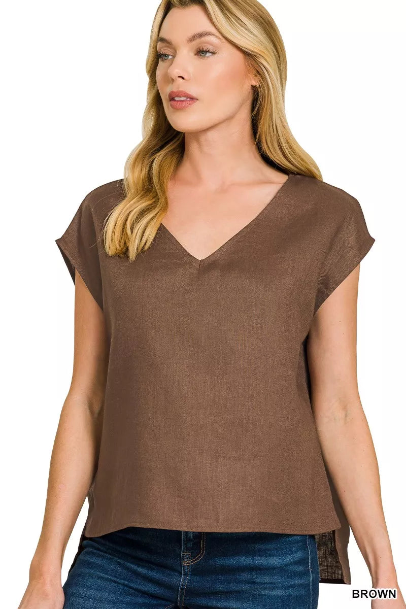 Brown women’s linen V-neck sleeveless top with draped neckline