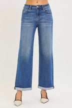 High-rise relaxed-fit medium blue straight jeans with cuffed ankle hem