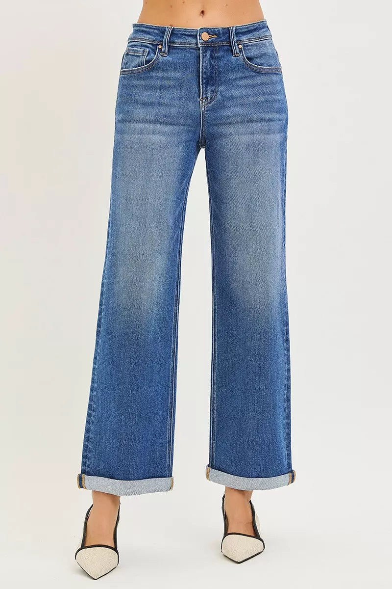 High-rise relaxed-fit medium blue straight jeans with cuffed ankle hem