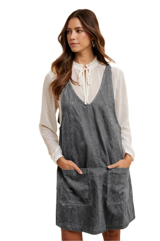 Annie Wear V-Neck Adjustable Strap Denim Overall Dress with Pockets