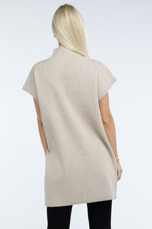 Zenana Mock Neck Short Sleeve Sweater Dress with Pocket