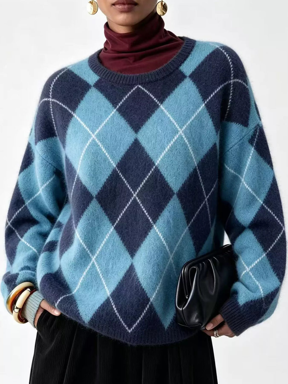 Fuzzy argyle knit sweater in sky blue and navy with white diamond pattern and ribbed crew neck