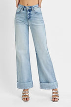 Tummy Control High Rise Ankle Wide Cuffed Jeans | Slimming Trendy Fit
