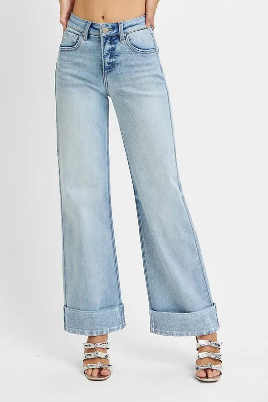 Tummy Control High Rise Ankle Wide Cuffed Jeans | Slimming Trendy Fit