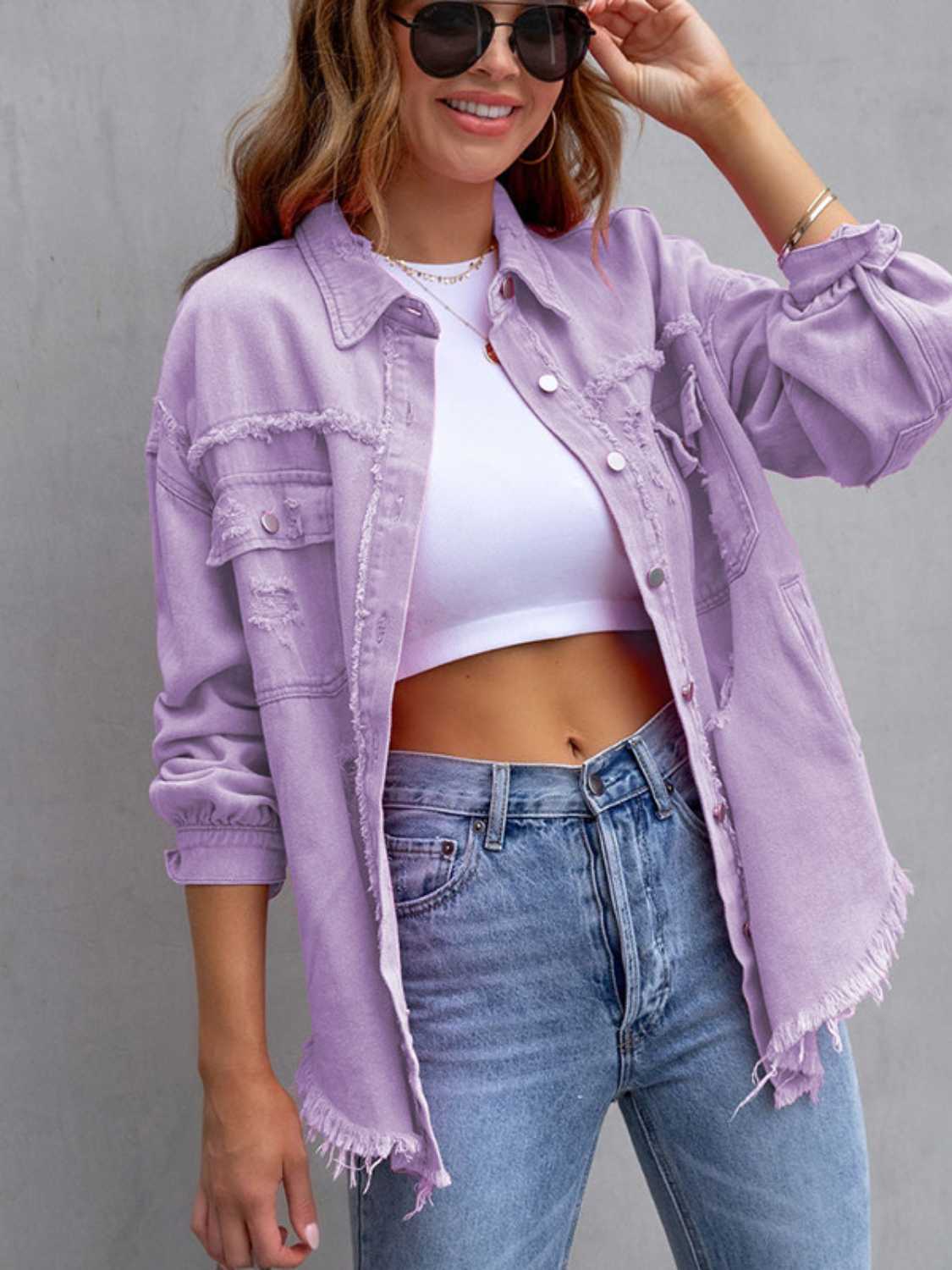 Distressed Drop Shoulder Denim Jacket – Casual Oversized Style