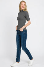 Charcoal ribbed mock neck pullover, short sleeves, knit top
