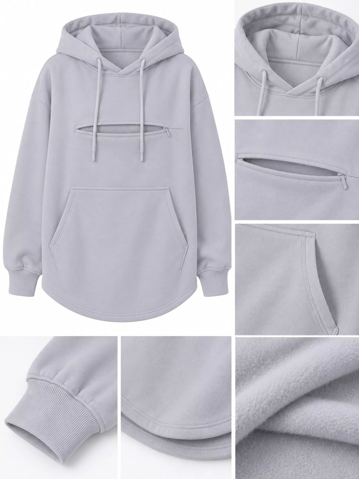 Light gray cat pouch drawstring hoodie close-up with pouch opening and ribbed cuffs