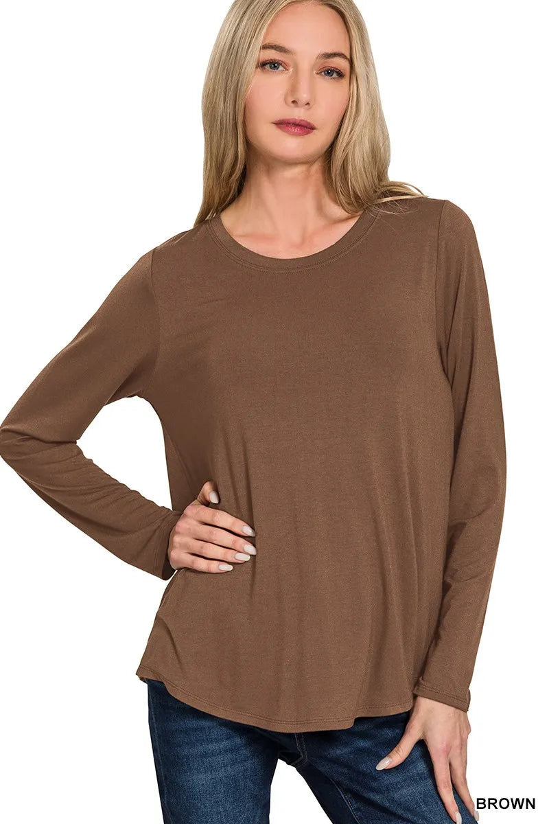 Zenana Flowy Rayon Long Sleeve Top – Soft Round Hem Casual Everyday Wear