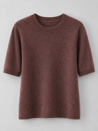 Chocolate brown round-neck short-sleeve sweater, front view with ribbed crew neck