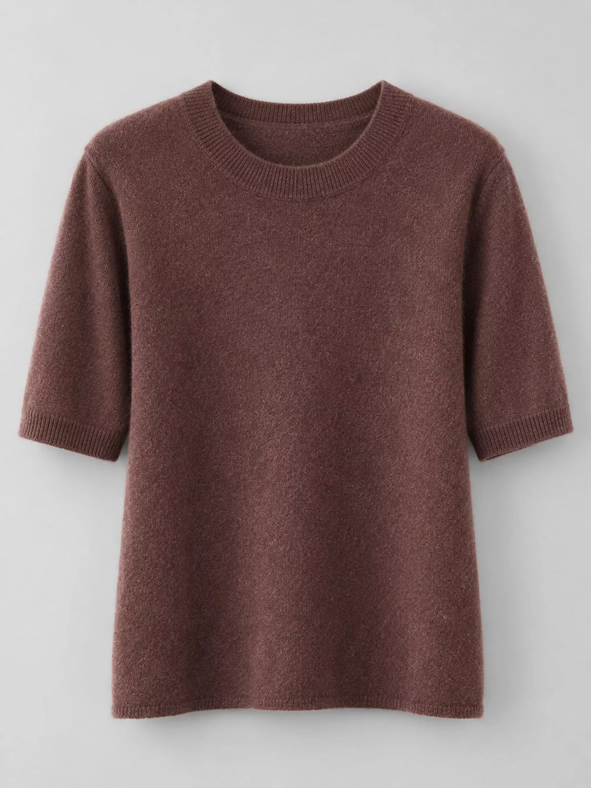 Chocolate brown round-neck short-sleeve sweater, front view with ribbed crew neck