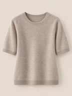 Taupe round-neck short-sleeve sweater, knit fabric with ribbed hem