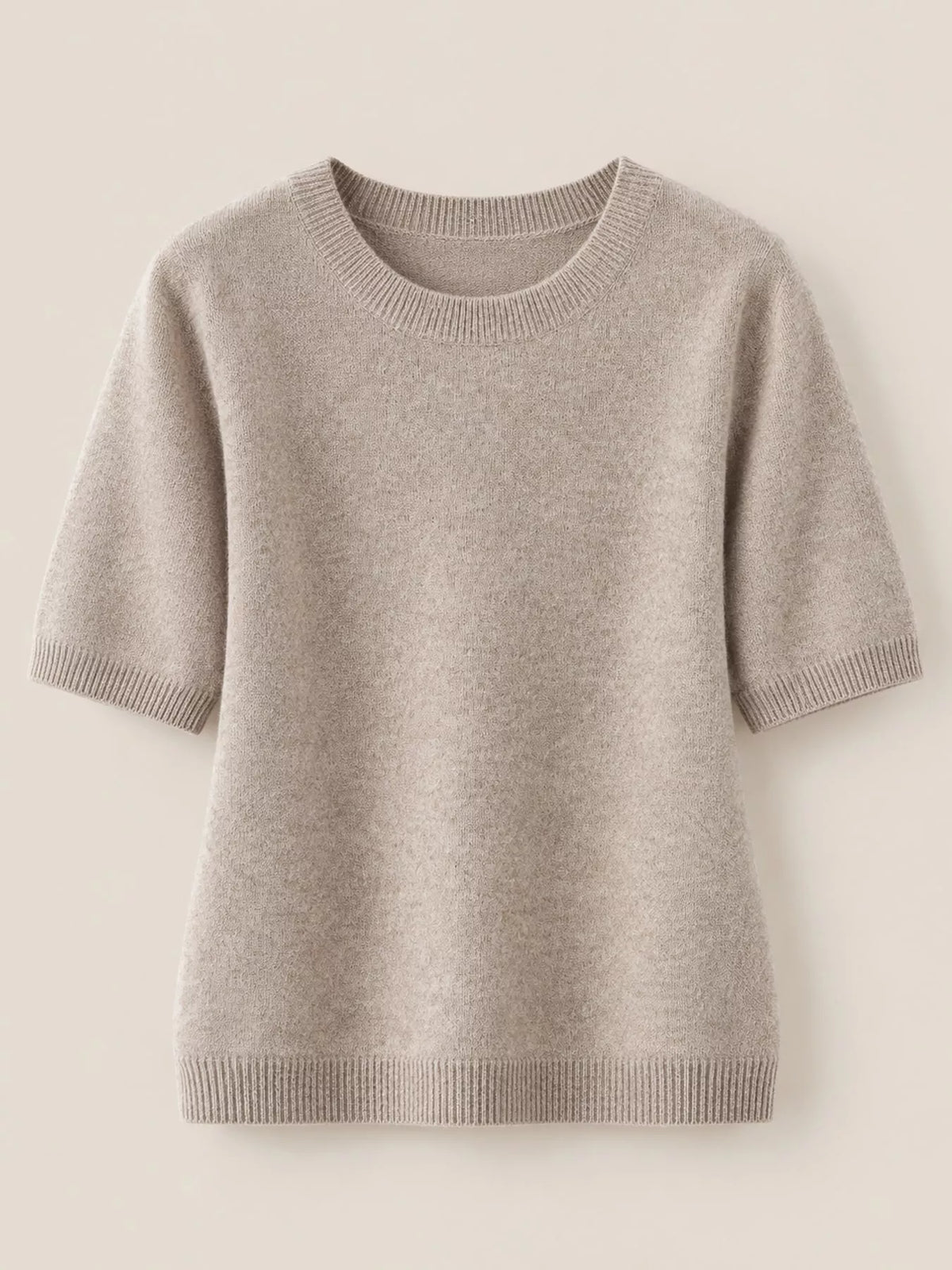 Taupe round-neck short-sleeve sweater, knit fabric with ribbed hem