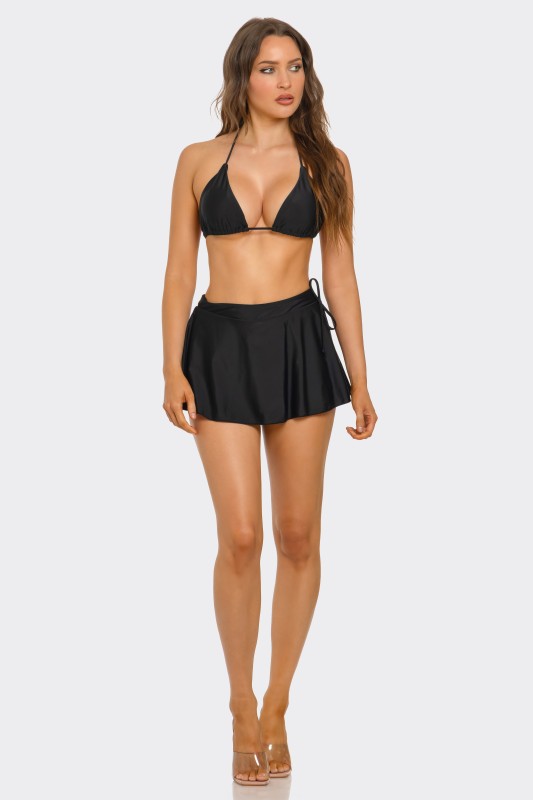 Black triangle bikini top and high-rise swim skirt with side tie and ruffle hem