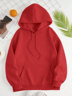 Red drawstring dropped-shoulder hoodie with kangaroo pocket and hood