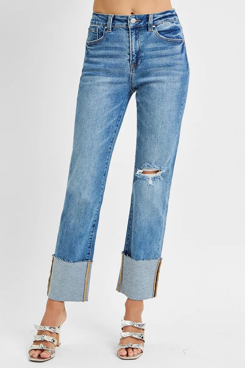 High Rise Ankle Straight Wide Cuffed Jeans | Modern Chic Denim