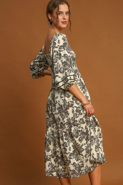 Umgee Ruffle Hem Flower Printed V Neck Dress