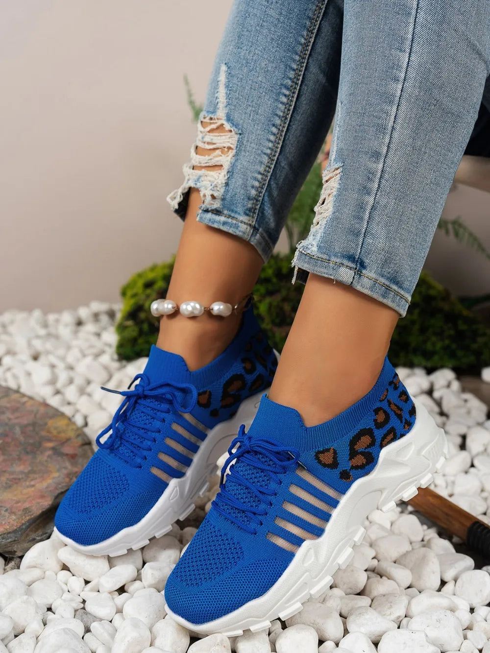 Cutout Leopard Lace-Up Mesh Athletic Sneakers – Sporty & Stylish