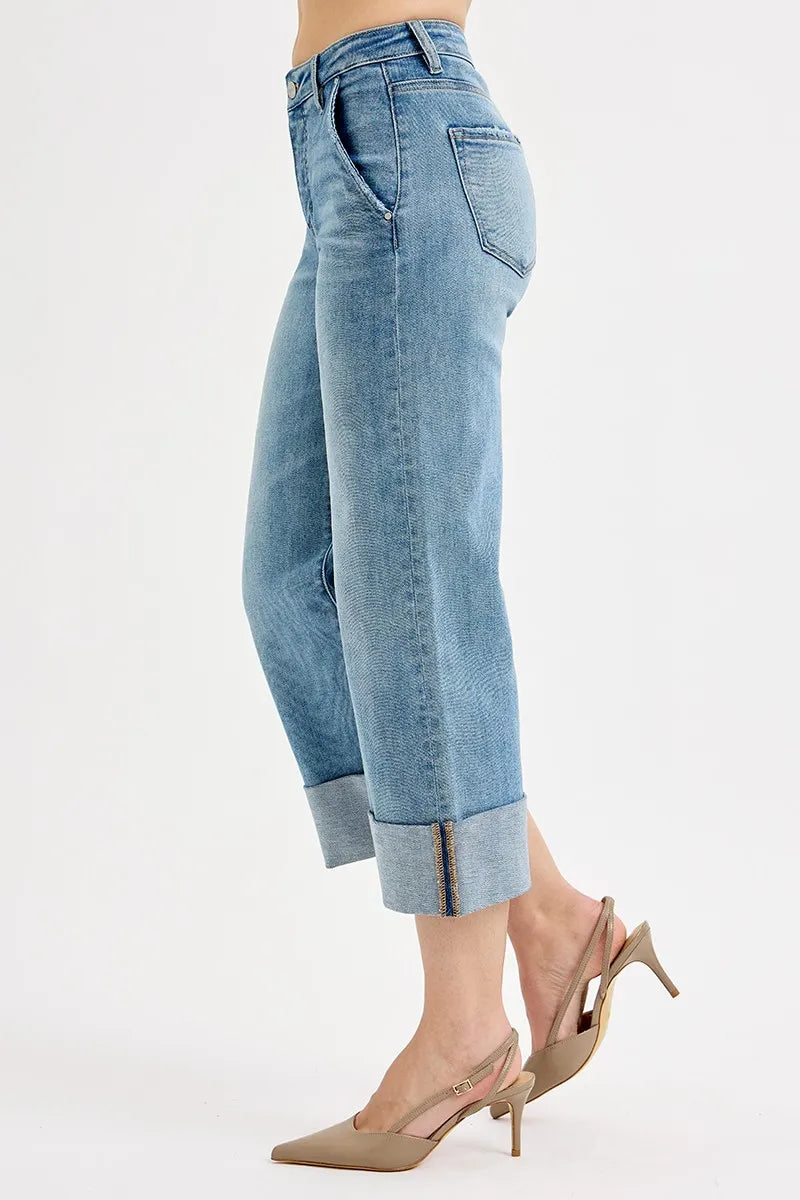 Dreamkue-Risen Women's High Rise Tummy Control Ankle Jeans with Wide Cuffed Hem