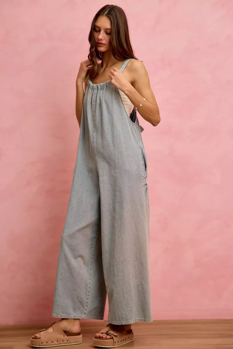 Light denim wide-leg overalls with front bib and side pockets