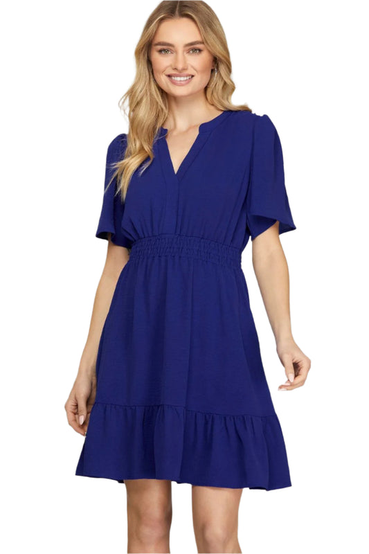 She + Sky Ruffled Hem Notched Flutter Sleeve Mini Dress