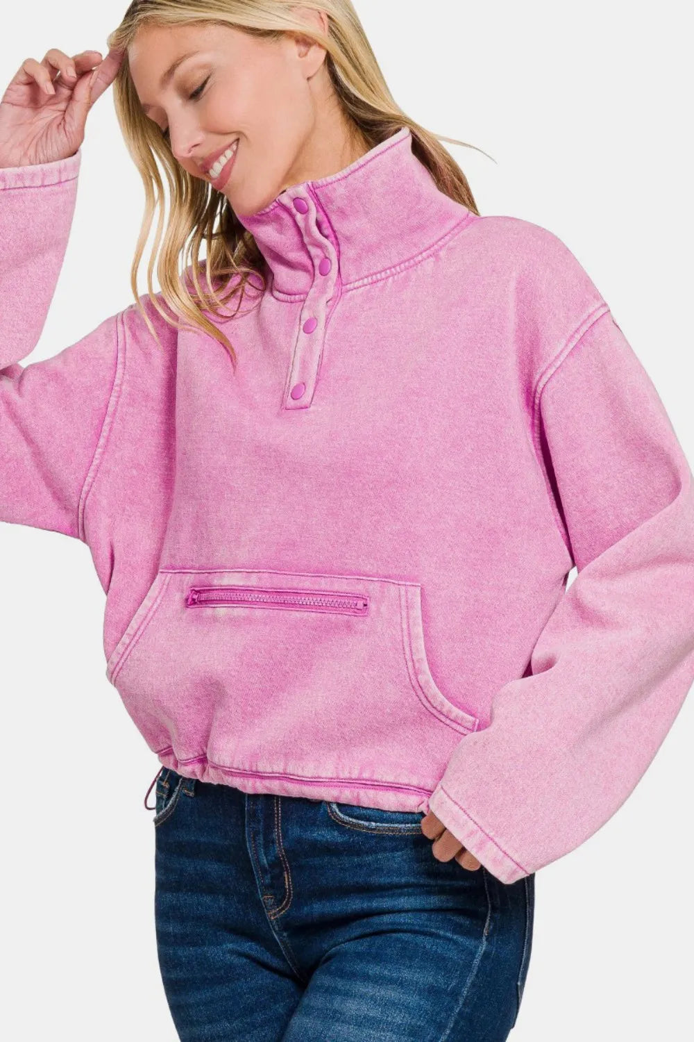 Acid Wash Fleece Half Snap Pullover – Cozy Women’s Casual Sweatshirt