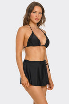 Black triangle bikini set with swim skirt, halter straps and gathered waistband
