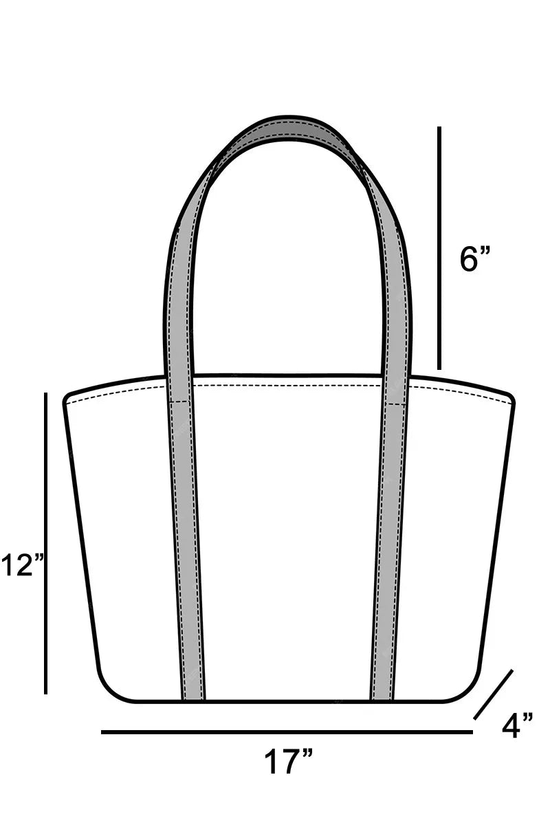 Tote size diagram: 17 in wide, 12 in tall, 6 in handle, 4 in base
