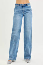 Women's medium-wash straight jeans, front view, relaxed fit with button fly