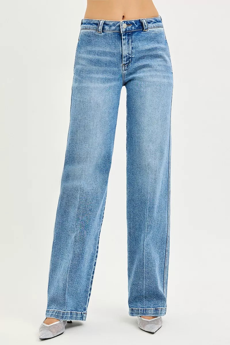 Women's medium-wash straight jeans, front view, relaxed fit with button fly