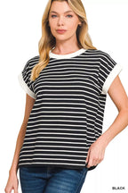Women's black-and-white striped cap-sleeve t-shirt with contrast white neck trim