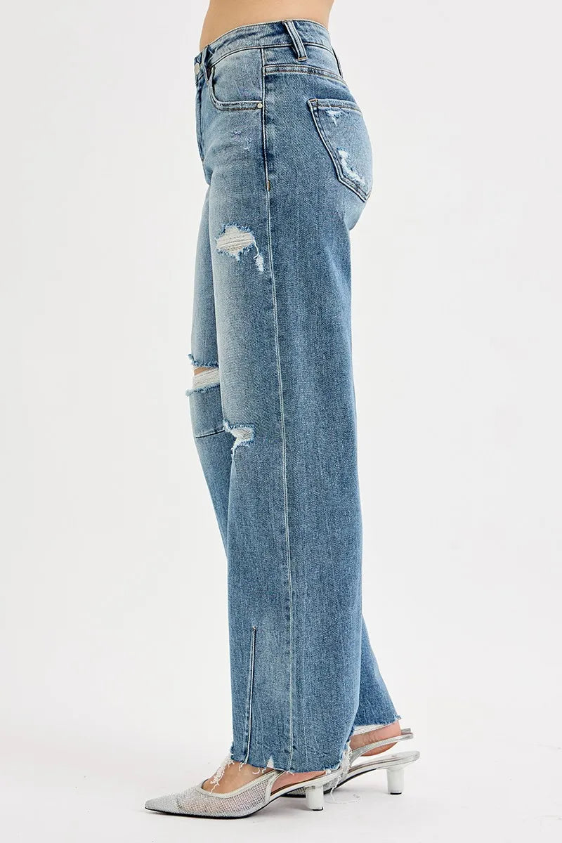 Dreamkue-Risen Women's Mid Rise Wide Baggy Leg Jeans Tie Washed Fit Denim