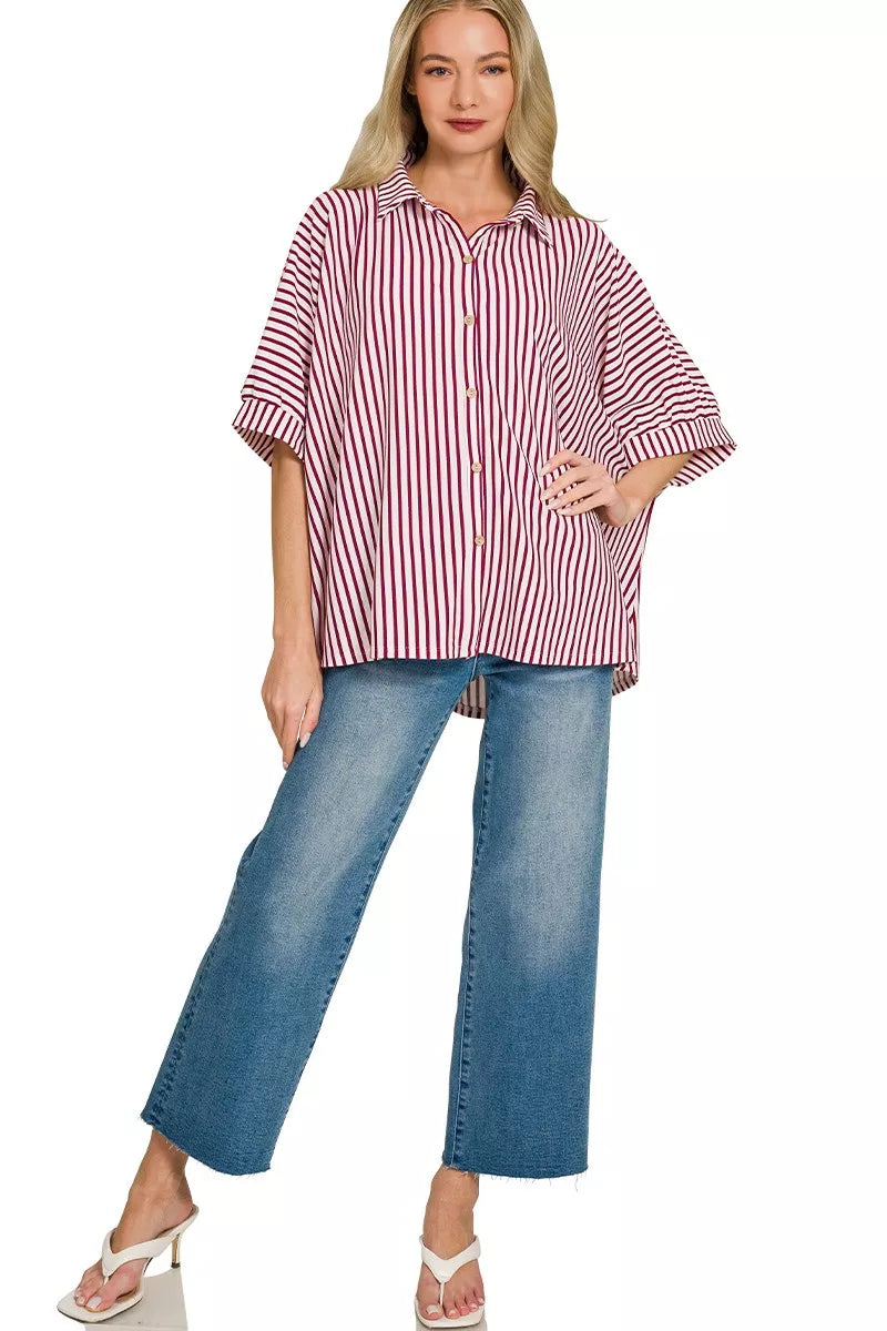 Women’s striped button-down shirt, burgundy and white vertical stripes, button front and short sleeves