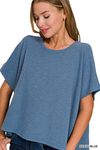 Women's dust blue oversized cotton slub tee with round neck and wide short sleeves