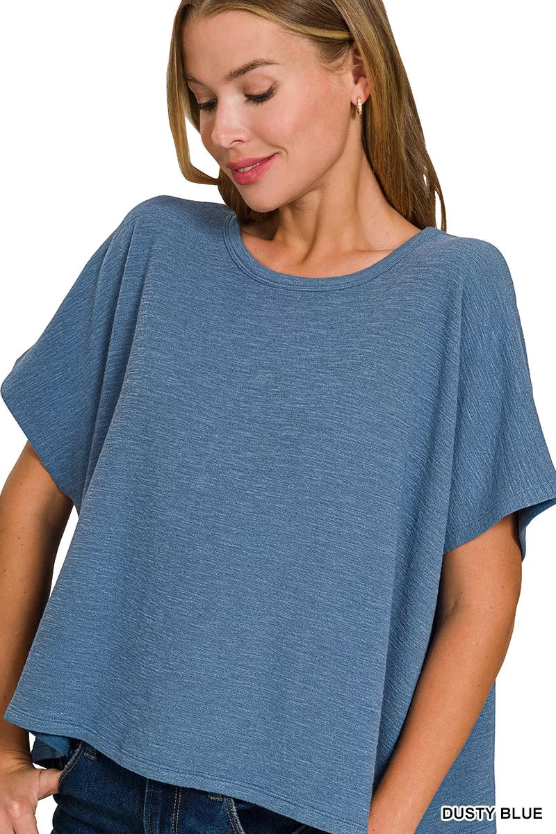 Women's dust blue oversized cotton slub tee with round neck and wide short sleeves