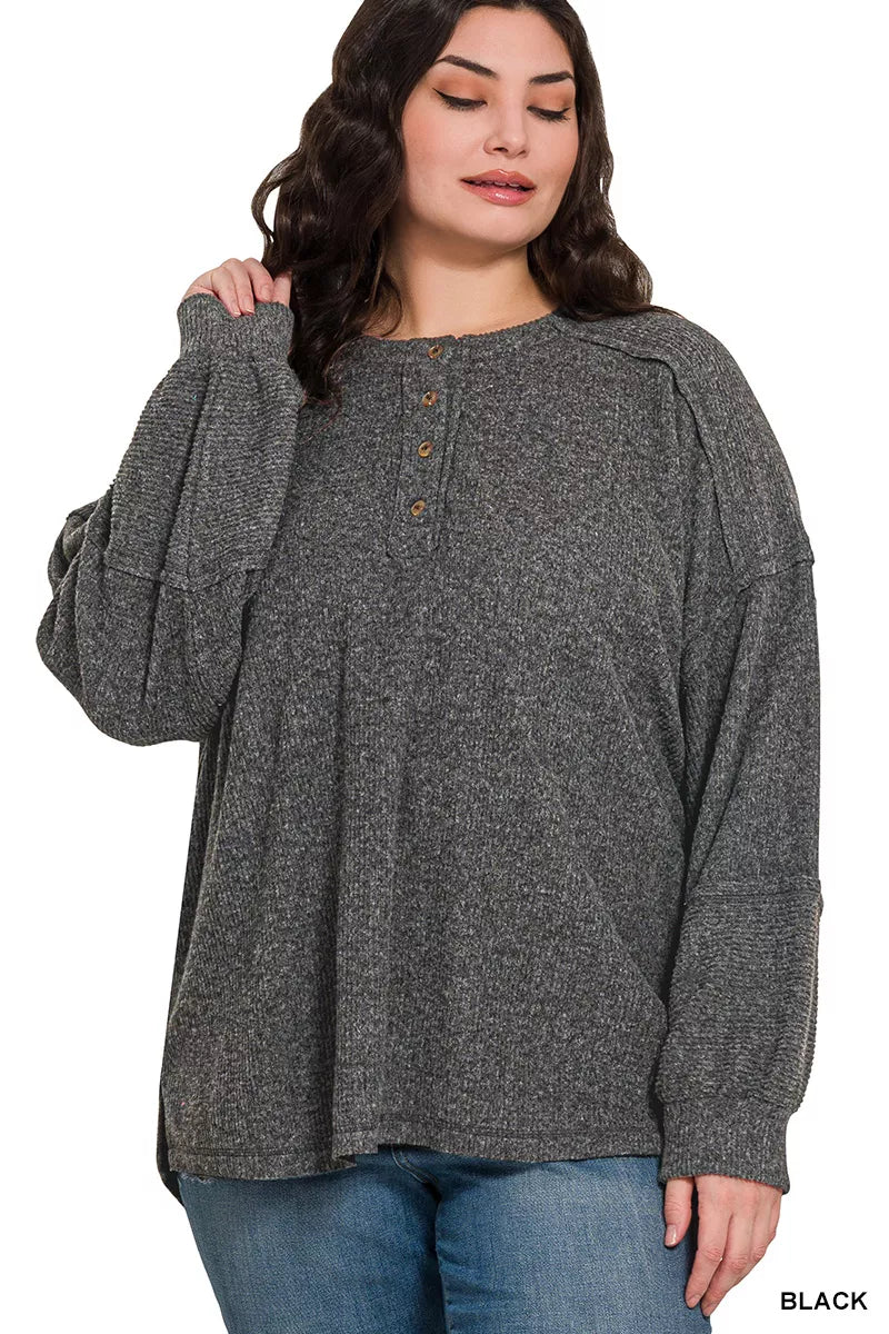 Ribbed Hacci Melange Henley Sweater – Cozy Button-Up Knit Top