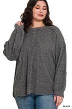 Ribbed Hacci Melange Henley Sweater – Cozy Button-Up Knit Top